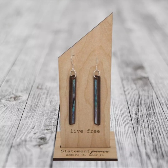 HANDMADE Jewelry Set Artisan ABALONE Wood Shell Pendant Ring & Dangle Earrings - Picture 4 of 6